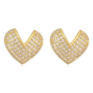 Luxury gold plated heart stud earrings with sparkling pavé cubic zirconia on white background