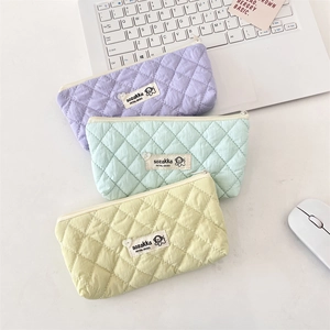 Quilted macaron cosmetic pouch set with heart zippers and cute dog logo for stationery