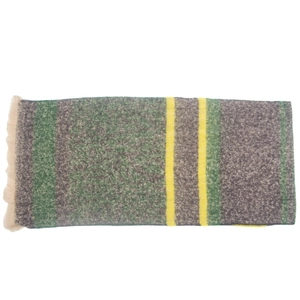 Macro detail of green, gray, and yellow striped scarf with soft fringe tassels