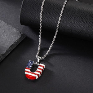 U-shaped American flag pendant necklace with silver rope chain in hip hop style