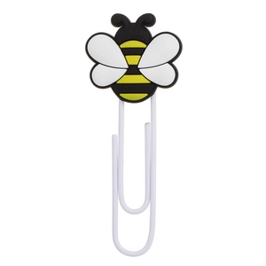 Close-up of a cute bee cartoon bookmark clip made of soft PVC and white metal wire