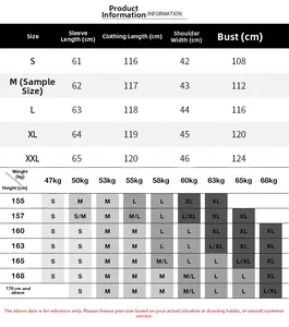 Detailed size chart for long faux fur coat including sleeve length and bust measurements