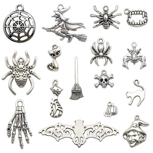 15-piece antique silver Halloween alloy pendant charms set featuring skulls and pumpkins