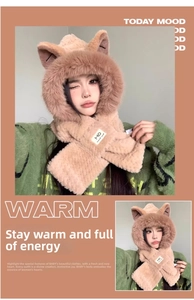 Detail showing plush faux fur texture and HD logo on the light brown fox ear hood scarf