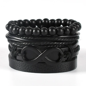 Men's multilayer black braided leather bracelet set with infinity symbol and wooden beads