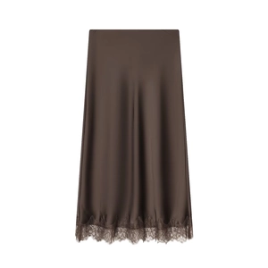Chocolate satin midi skirt with elegant lace trim hem displayed on a clean white background