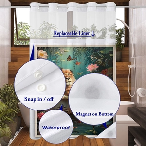 Waterproof shower curtain with gorilla print featuring snap-in liner and magnetic bottom