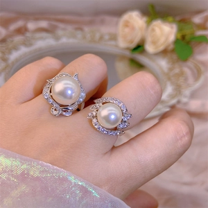 Elegant large white pearl ring with zircon pavé setting on gold-plated band for women