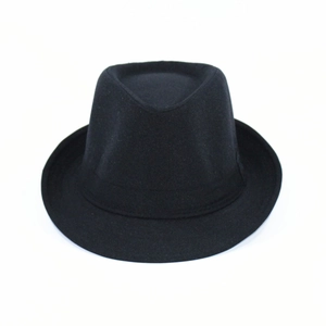 Top view of classic black wool fedora hat with satin band on white background