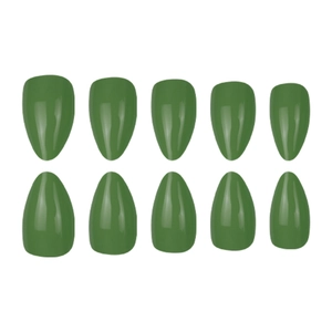 Glossy olive green almond shape press-on nails set in a professional flat lay display