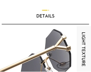 Macro view of gold metal hinge and Y-shaped temple design on rimless sunglasses