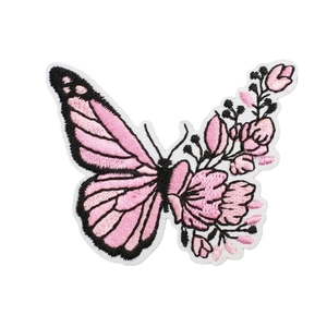 Pink butterfly floral embroidery patch with detailed fabric texture for DIY bag decor