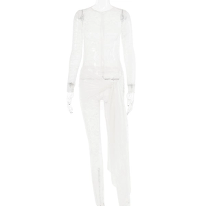 Sexy white lace long sleeve bodysuit with sheer mesh detail and waist tie accent