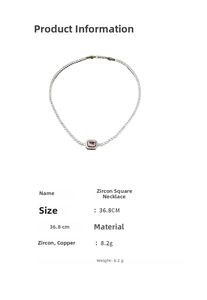 Detail view of pink zircon square necklace with 36.8cm length and copper material specs