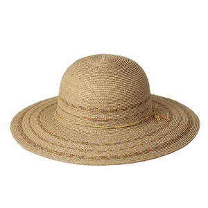 Minimalist beige raffia straw sun hat with wide brim and decorative multi-color woven band