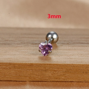 Macro view of 3mm heart-shaped purple zircon stud earring with stainless steel screw back