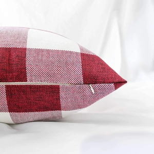Red and white buffalo check cotton linen pillow cover with hidden zipper detail