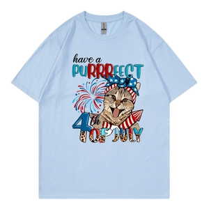 Light blue cotton T-shirt featuring a funny cat-themed 4th of July graphic print