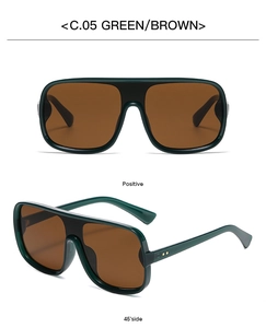 Front and 45-degree views of oversized dark green retro aviator sunglasses with brown lenses