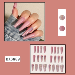 Pink long ballerina press-on nails set with matte, glitter, and mirror chrome finishes