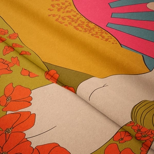 Detailed close-up showing soft texture and artistic poppy flower pattern on fabric tapestry
