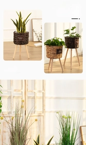 Detail of woven straw plant stand with natural wooden legs and a fabric home label