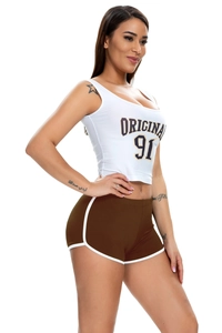 Side view of woman in white Original 91 tank top and brown slim-fit sports shorts