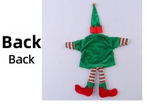 Detail of Christmas elf wine bottle cover with green fabric and striped legs decoration
