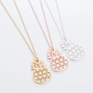 Hollow pineapple pendant necklaces in gold, rose gold and silver stainless steel set