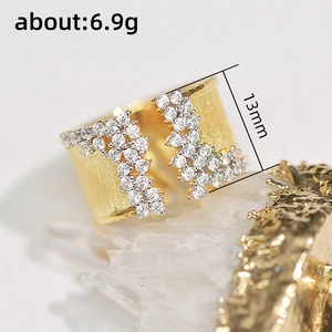 Luxury gold plated ring with micro-paved cubic zirconia, 13mm width brushed metal design