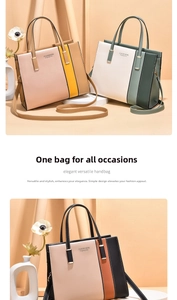 Detail of color-block leather tote bags with brand logo and detachable shoulder straps