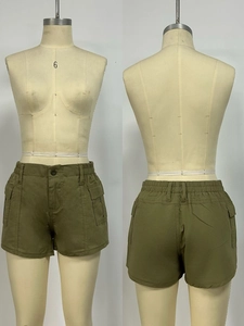 Front and back view of olive green cargo shorts featuring side pockets and elastic waist