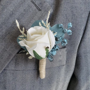 Artificial Satin Rose Boutonniere And Wrist Corsage For Wedding Party Handmade Flower Decor With Peacock Blue Berries Hemp Rope