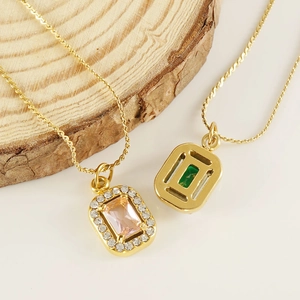 Double-layer gold stainless steel necklace with square pink and green zircon pendants