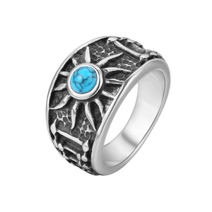 Bague en Acier Titane Vintage pour Hommes Avec Turquoise Artificielle Ronde Incrustée Motif Soleil Texture de Roche Bijoux Ethniques Boho