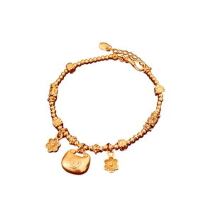 24K gold plated beaded flower bracelet with vintage Ruyi lock and Fu character pendant