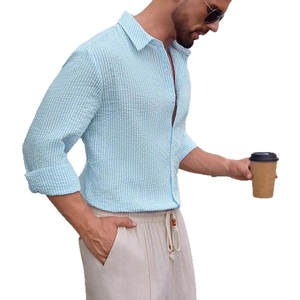 Slim fit light blue striped seersucker long sleeve shirt for men featuring breathable texture