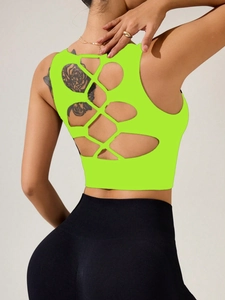 Haut de sport dos nu vert néon pour femmes avec legging de compression noir taille haute