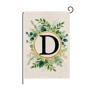 Christmas garden flag with letter D, golden ring, and green eucalyptus leaves print