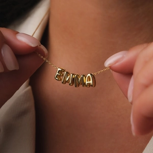 Gold bubble style custom EMMA name necklace with delicate thin chain for women