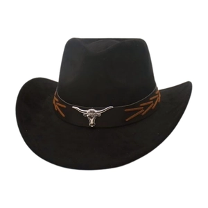 Detail of black western cowboy hat with silver bull head emblem and braided leather band