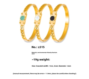 Detailed set of three titanium steel bracelets with colorful acrylic and shell inlays