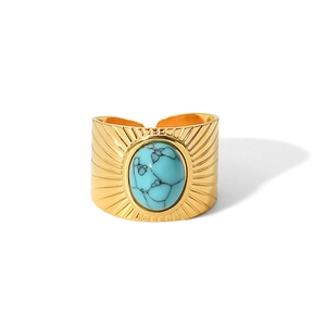 Close-up of a wide 18K gold-plated stainless steel ring featuring a sunburst textured stone