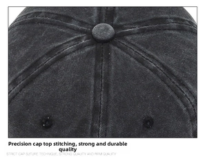 Detail of reinforced top stitching and embroidered eyelets on washed denim baseball cap