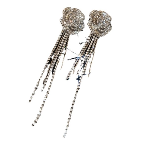 Sparkling silver bow knot earrings with floral tassel and inlaid crystals for women