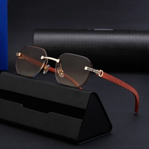 Frameless brown gradient sunglasses with wood grain temples and gold metal hardware