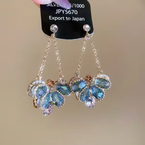 Vintage Butterfly Drop Earrings With 925 Sterling Silver Earring Post Gold Plated Waterdrop Crystal Tassel For Women