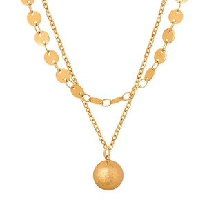 Double-layered gold-plated stainless steel necklace with round flat discs and bead pendant