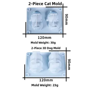 Dimensions du moule en silicone bleu pour formes de chat et bouledogue français DIY