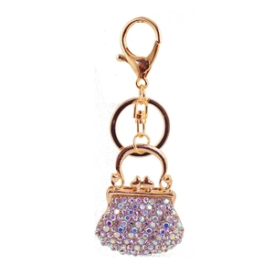 Sparkling purple rhinestone purse keychain with gold metal frame and lobster clasp